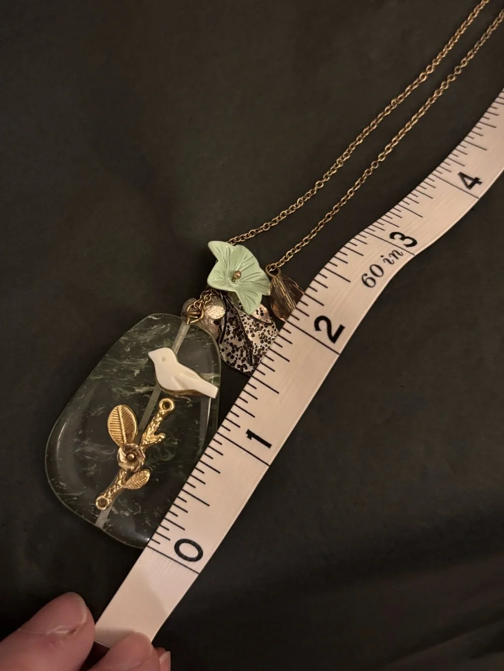 Gold-Chain Green Stone Pendant Necklace with Bird and Leaf Charms